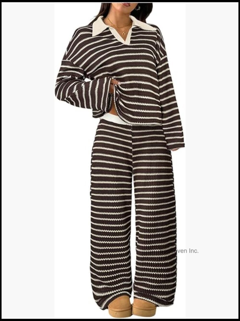 2 Piece Sets Striped Long Sleeve Collared Top Wide Leg Pants Fall Outfits